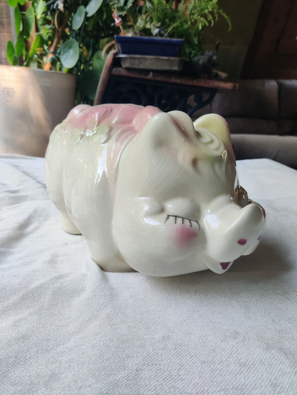 50s Large Piggy Bank Smiley Eyelashes Ribbon Lucky Shamrocks Clover Kitsch 7x13